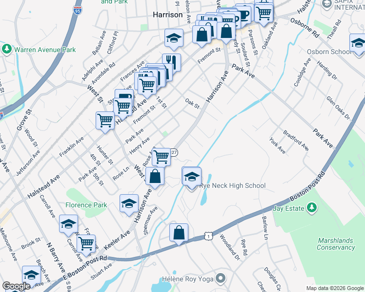 map of restaurants, bars, coffee shops, grocery stores, and more near 50 Harrison Avenue in Harrison