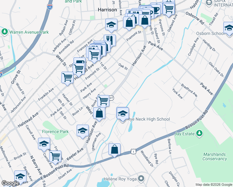 map of restaurants, bars, coffee shops, grocery stores, and more near 50 Harrison Avenue in Harrison