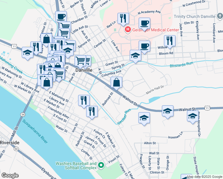 map of restaurants, bars, coffee shops, grocery stores, and more near 501 Walnut Street in Danville