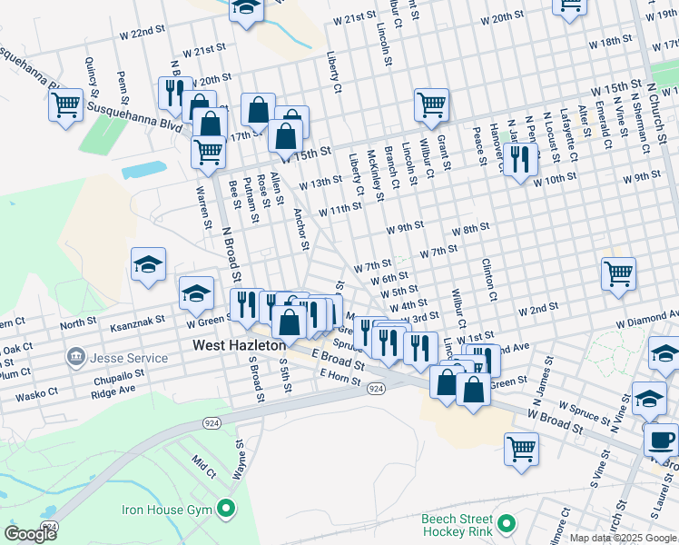 map of restaurants, bars, coffee shops, grocery stores, and more near 50 Tamarack Street in West Hazleton