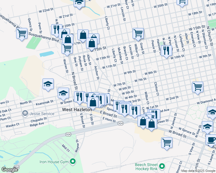 map of restaurants, bars, coffee shops, grocery stores, and more near 40-42 Tamarack Street in West Hazleton