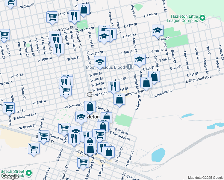 map of restaurants, bars, coffee shops, grocery stores, and more near 526 North Wyoming Street in Hazleton