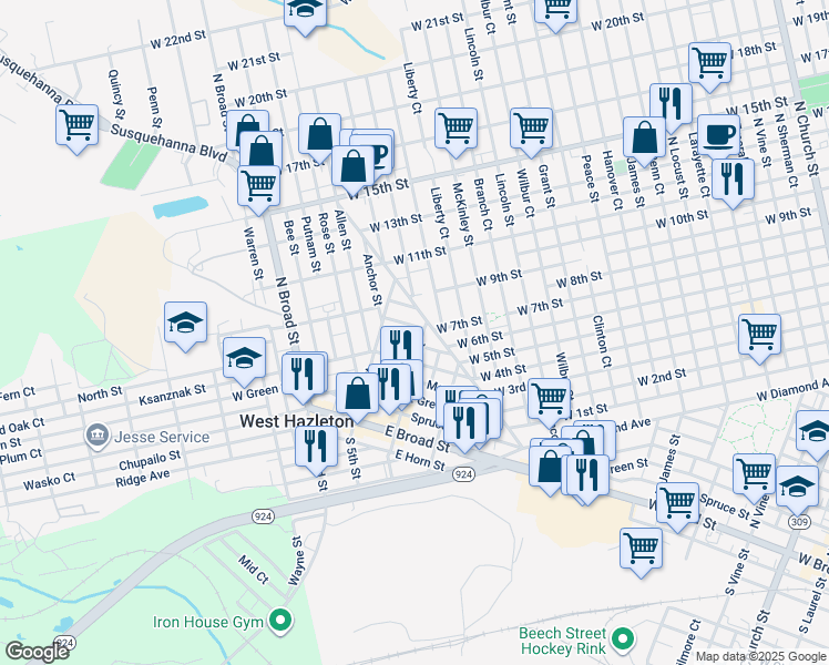 map of restaurants, bars, coffee shops, grocery stores, and more near 40-42 Tamarack Street in West Hazleton