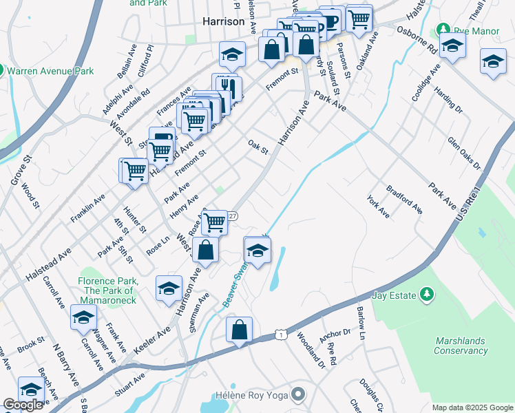 map of restaurants, bars, coffee shops, grocery stores, and more near 50 Harrison Avenue in Harrison