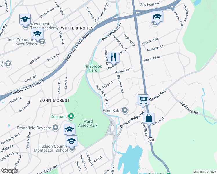 map of restaurants, bars, coffee shops, grocery stores, and more near 25 Tulip Lane in New Rochelle