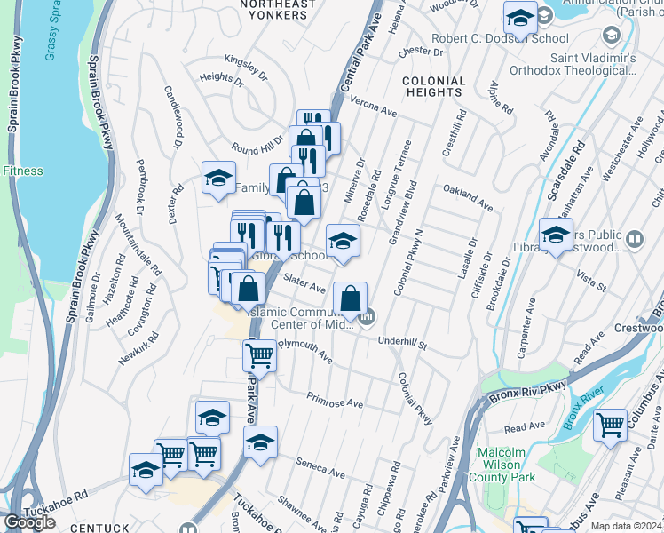 map of restaurants, bars, coffee shops, grocery stores, and more near 2 Minerva Drive in Yonkers