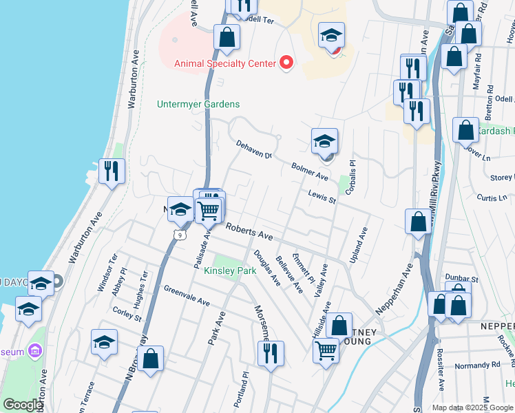 map of restaurants, bars, coffee shops, grocery stores, and more near 632 Park Avenue in Yonkers