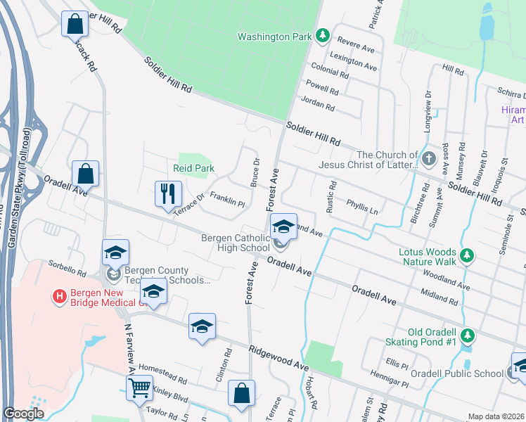 map of restaurants, bars, coffee shops, grocery stores, and more near 672 Bruce Drive in Paramus
