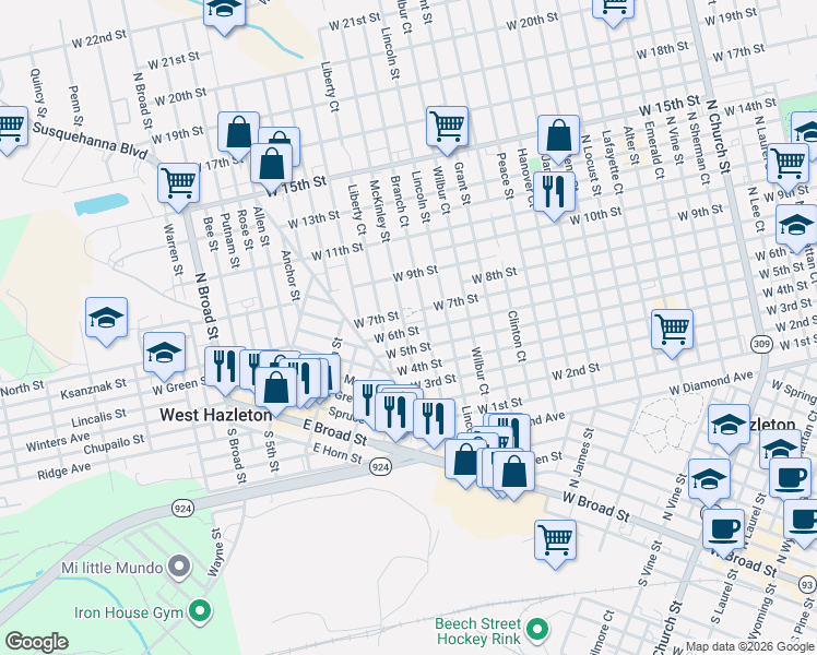 map of restaurants, bars, coffee shops, grocery stores, and more near 633 McKinley Street in Hazleton