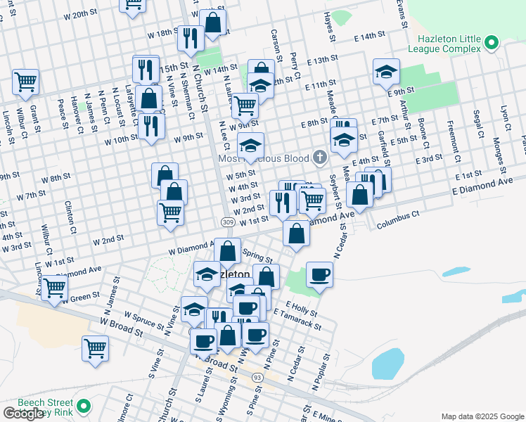 map of restaurants, bars, coffee shops, grocery stores, and more near 526 North Wyoming Street in Hazleton
