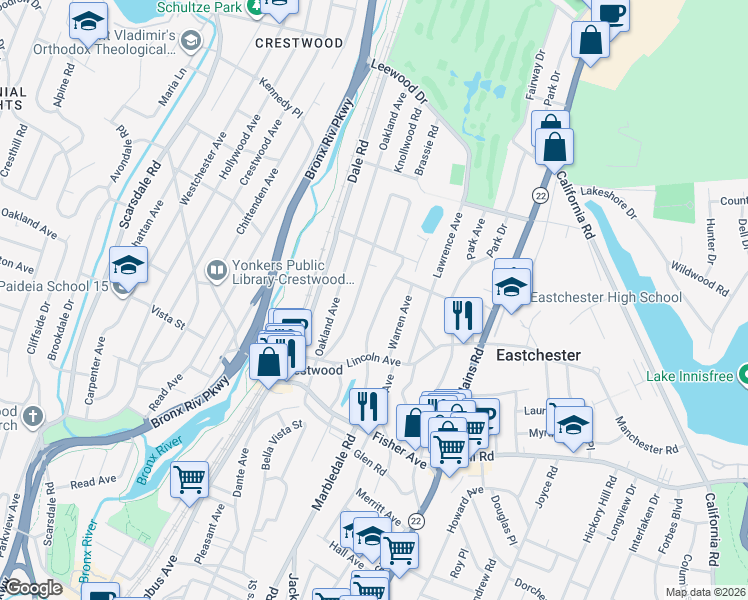 map of restaurants, bars, coffee shops, grocery stores, and more near 88 Highview Avenue in Tuckahoe