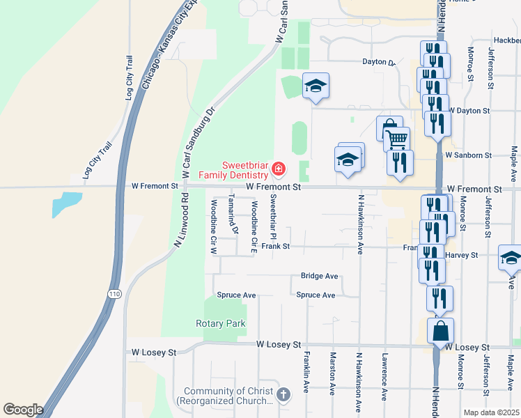 map of restaurants, bars, coffee shops, grocery stores, and more near 1627 Woodbine Circle North in Galesburg