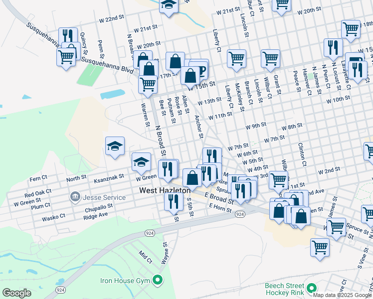 map of restaurants, bars, coffee shops, grocery stores, and more near 52 West Madison Avenue in West Hazleton