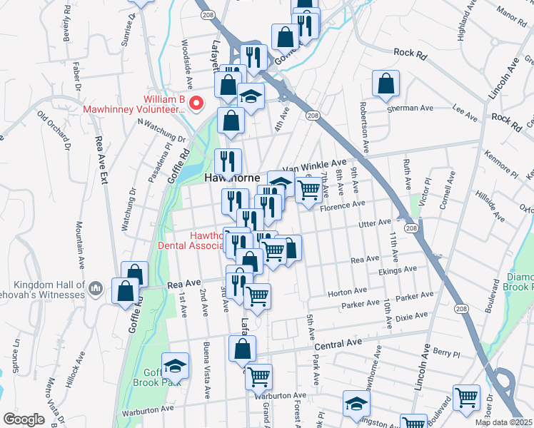 map of restaurants, bars, coffee shops, grocery stores, and more near 1 Ethel Avenue in Hawthorne