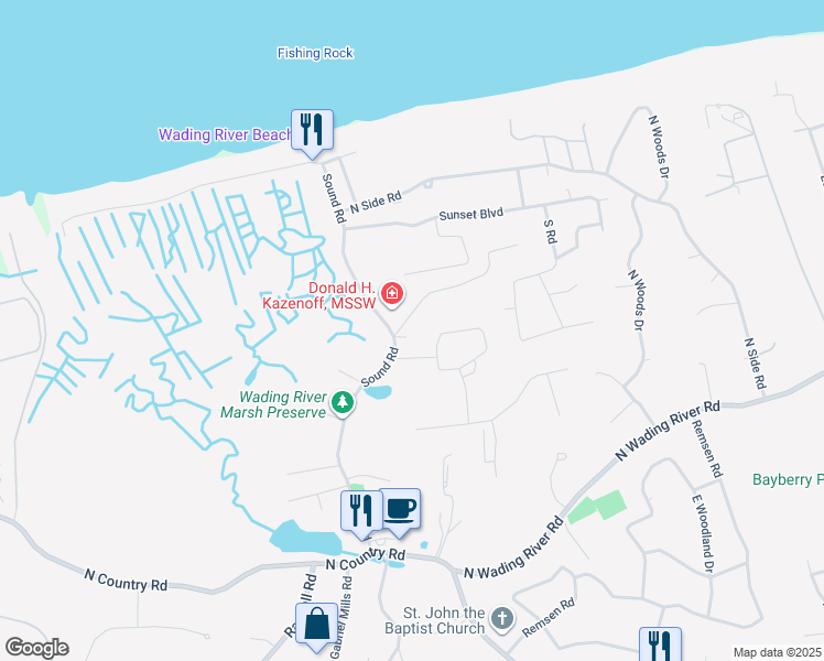 map of restaurants, bars, coffee shops, grocery stores, and more near 43 Emmetts Lane in Wading River