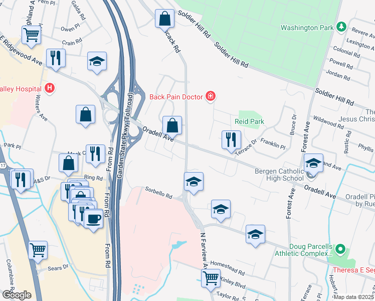 map of restaurants, bars, coffee shops, grocery stores, and more near 275 Pascack Road in Paramus