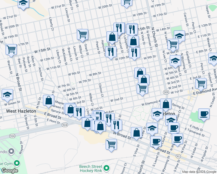 map of restaurants, bars, coffee shops, grocery stores, and more near 614 North James Street in Hazleton