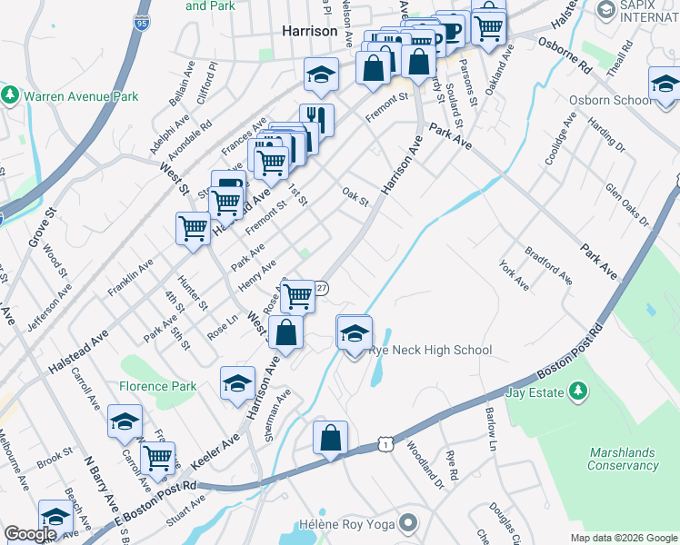 map of restaurants, bars, coffee shops, grocery stores, and more near 50 Harrison Avenue in Harrison