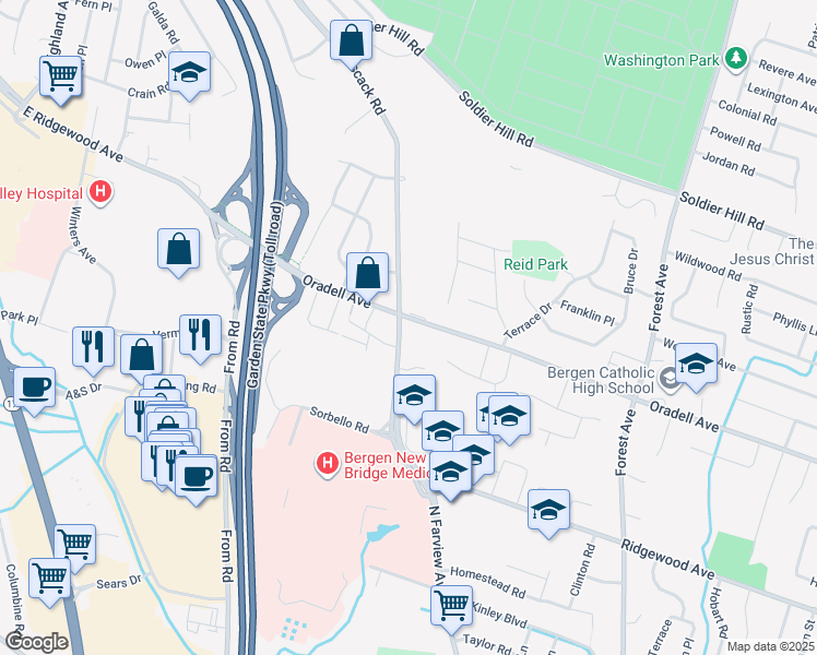 map of restaurants, bars, coffee shops, grocery stores, and more near 243 Oradell Avenue in Paramus