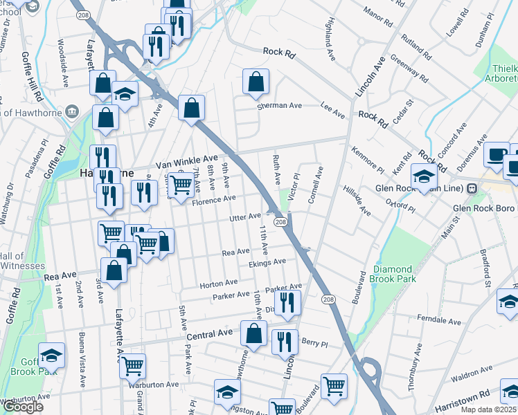 map of restaurants, bars, coffee shops, grocery stores, and more near 334 Florence Avenue in Hawthorne