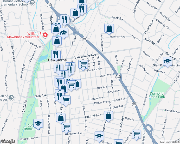 map of restaurants, bars, coffee shops, grocery stores, and more near 124 7th Avenue in Hawthorne