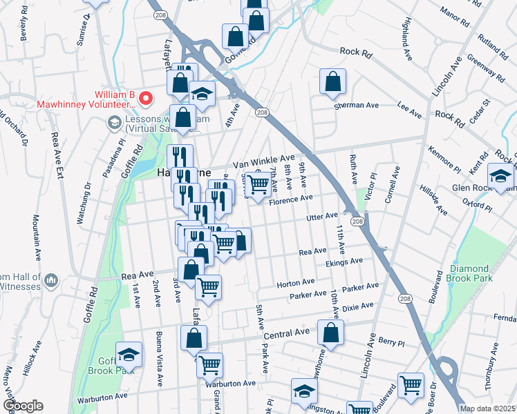 map of restaurants, bars, coffee shops, grocery stores, and more near 124 7th Avenue in Hawthorne