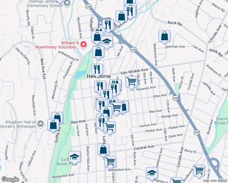 map of restaurants, bars, coffee shops, grocery stores, and more near in Hawthorne