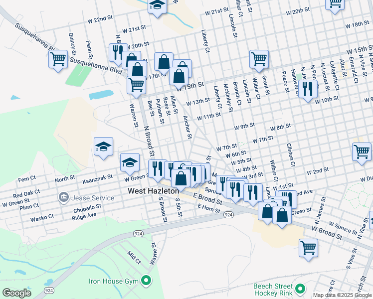 map of restaurants, bars, coffee shops, grocery stores, and more near 12 East Madison Avenue in West Hazleton