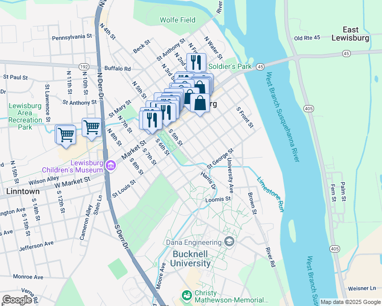 map of restaurants, bars, coffee shops, grocery stores, and more near in Lewisburg