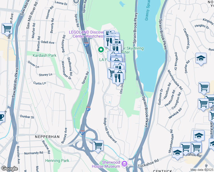 map of restaurants, bars, coffee shops, grocery stores, and more near 401 Ridge Hill Boulevard in Yonkers