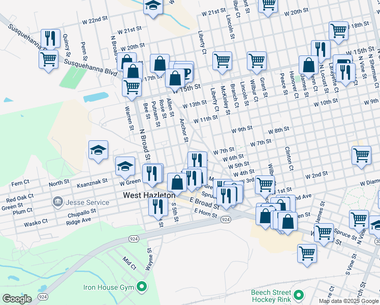map of restaurants, bars, coffee shops, grocery stores, and more near 4 Tamarack Street in West Hazleton