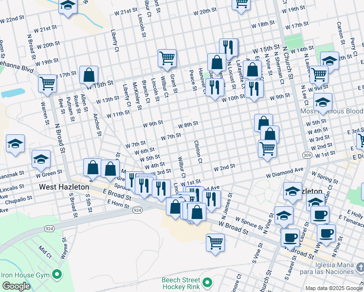 map of restaurants, bars, coffee shops, grocery stores, and more near 616 Grant Street in Hazleton