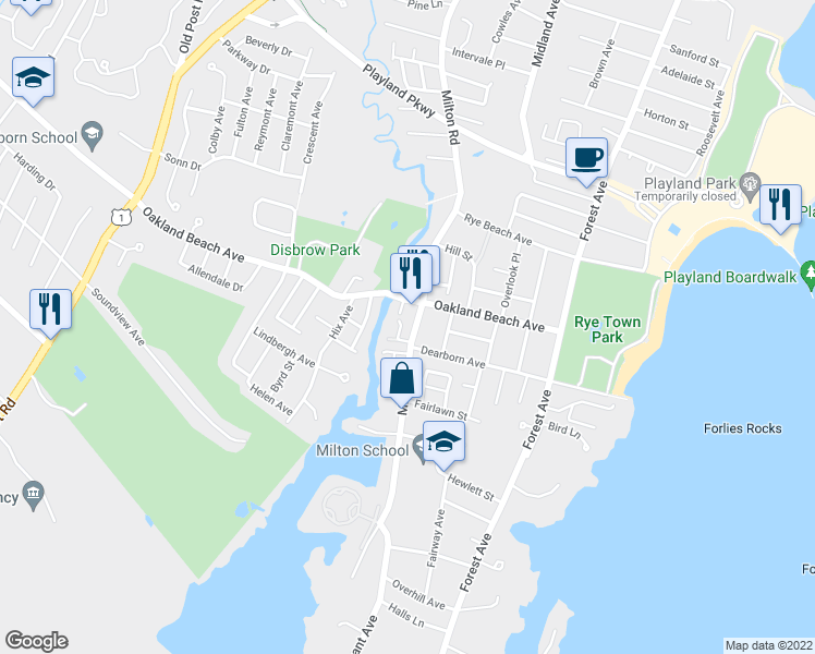 map of restaurants, bars, coffee shops, grocery stores, and more near 24 Locust Lane in Rye