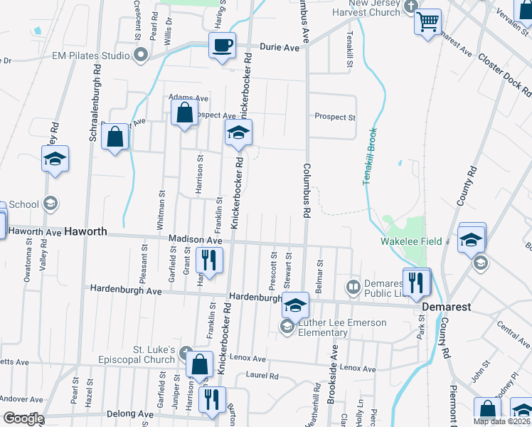 map of restaurants, bars, coffee shops, grocery stores, and more near 96 Woodland Road in Demarest