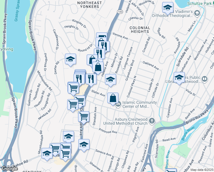 map of restaurants, bars, coffee shops, grocery stores, and more near 2 Minerva Drive in Yonkers