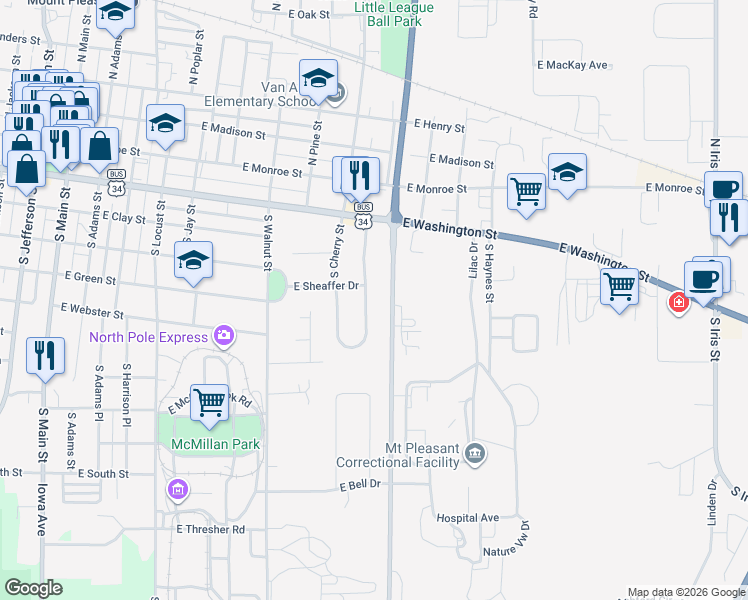 map of restaurants, bars, coffee shops, grocery stores, and more near 200-298 S Wilson St in Mt Pleasant