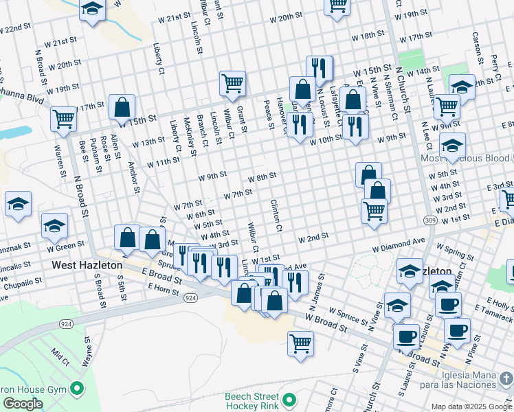 map of restaurants, bars, coffee shops, grocery stores, and more near 616 Grant Street in Hazleton