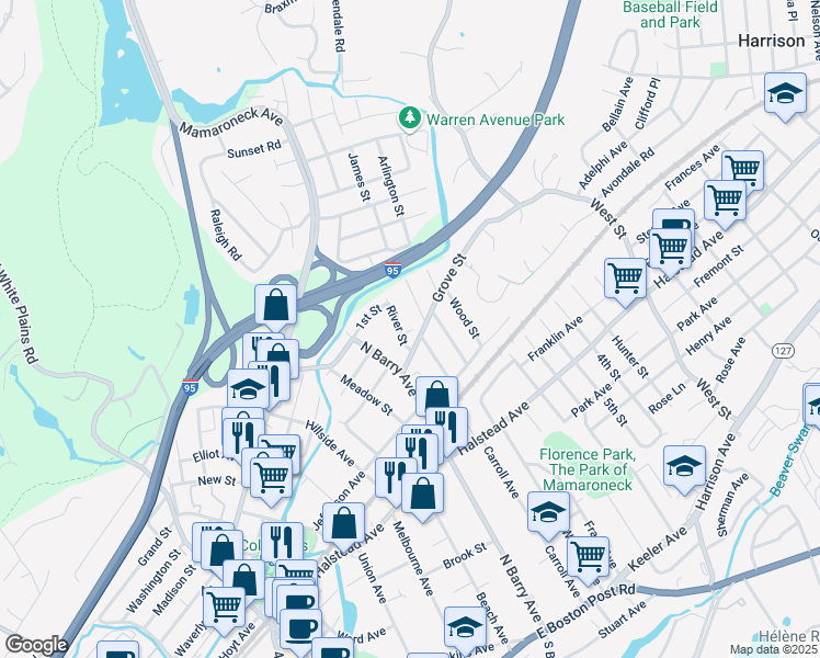 map of restaurants, bars, coffee shops, grocery stores, and more near 738 River Street in Mamaroneck