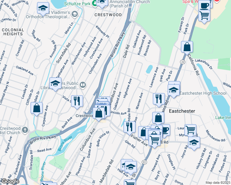 map of restaurants, bars, coffee shops, grocery stores, and more near 395 Columbus Avenue in Tuckahoe