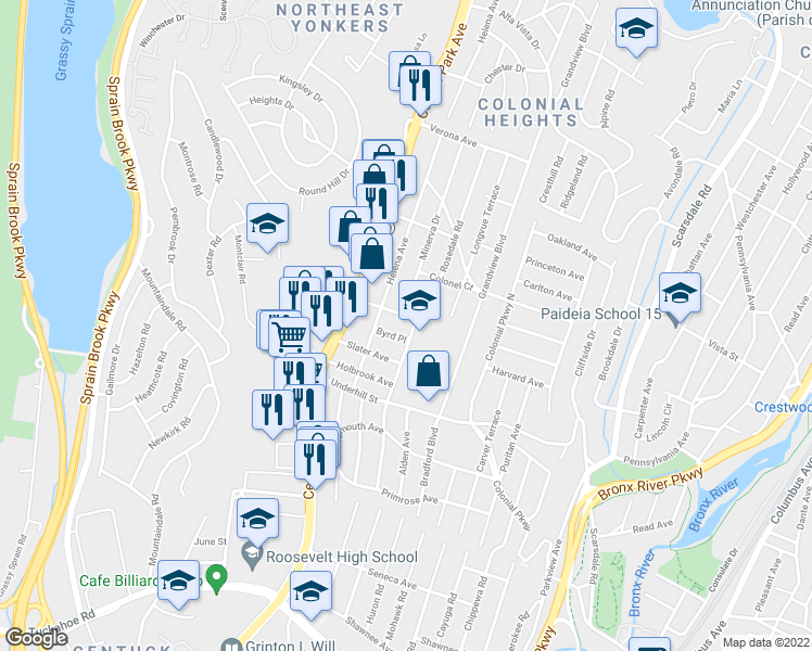 map of restaurants, bars, coffee shops, grocery stores, and more near 2 Minerva Drive in Yonkers