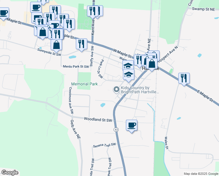 map of restaurants, bars, coffee shops, grocery stores, and more near 320 Lincoln Street Southwest in Hartville