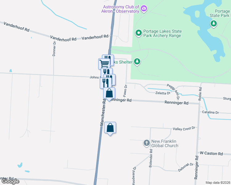 map of restaurants, bars, coffee shops, grocery stores, and more near 5214 Fawn Drive in Akron