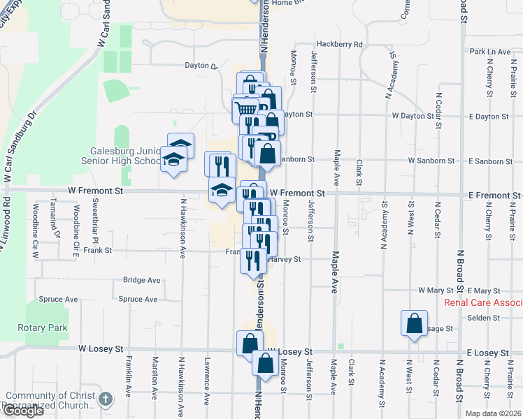 map of restaurants, bars, coffee shops, grocery stores, and more near 798 West Fremont Street in Galesburg