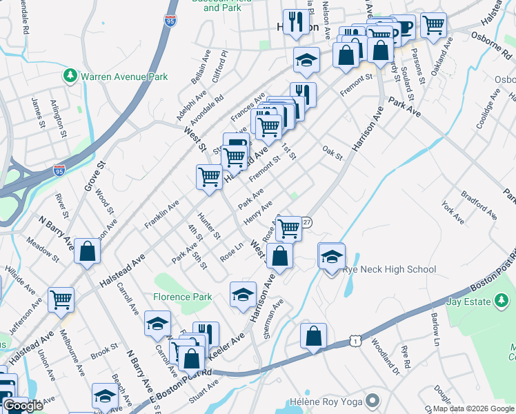 map of restaurants, bars, coffee shops, grocery stores, and more near 76 Thatcher Avenue in Harrison