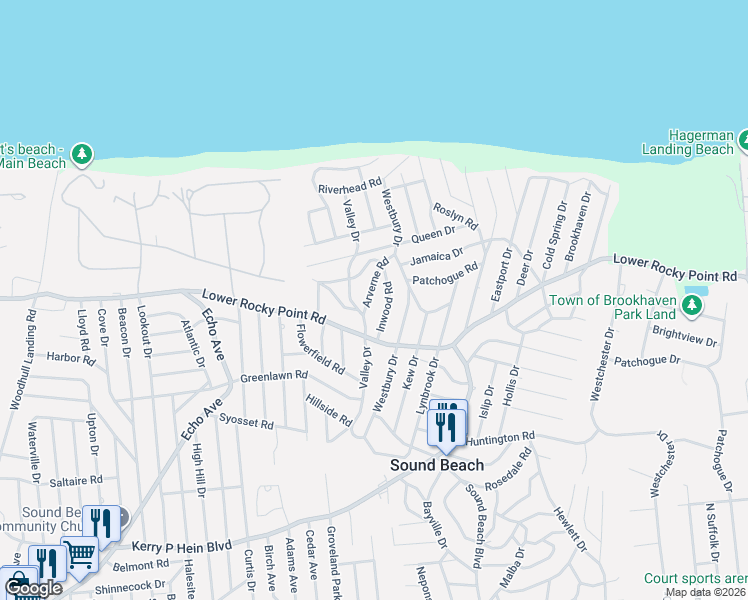 map of restaurants, bars, coffee shops, grocery stores, and more near 19 Arverne Road in Sound Beach