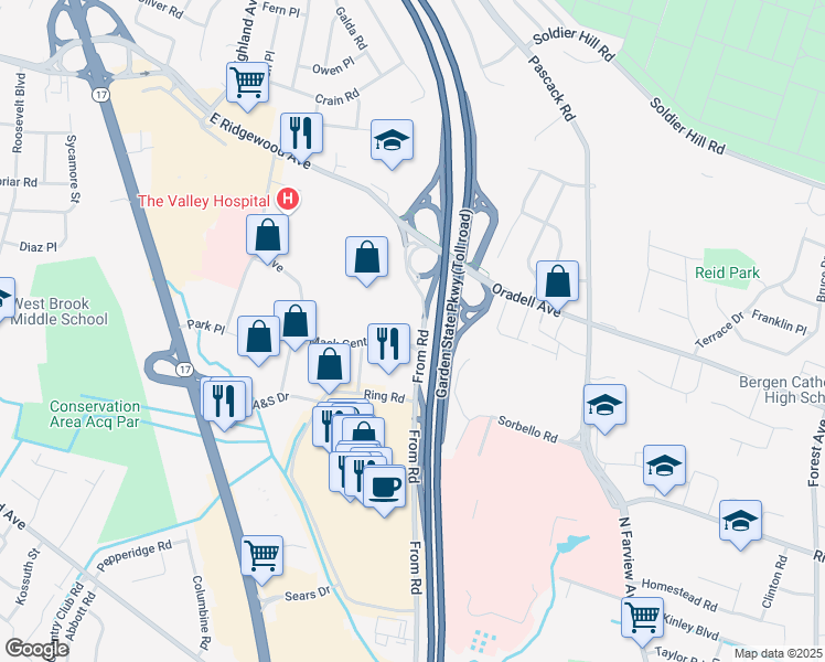 map of restaurants, bars, coffee shops, grocery stores, and more near 625 From Road in Paramus