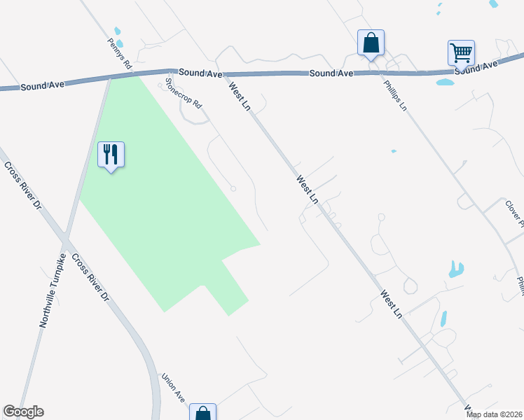 map of restaurants, bars, coffee shops, grocery stores, and more near 370 Stonecrop Road in Riverhead