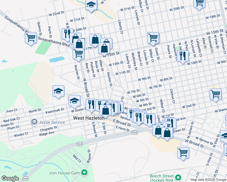 map of restaurants, bars, coffee shops, grocery stores, and more near 4 Tamarack Street in West Hazleton