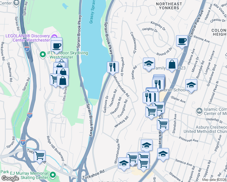 map of restaurants, bars, coffee shops, grocery stores, and more near 65 Hazelton Road in Yonkers