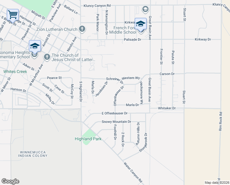 map of restaurants, bars, coffee shops, grocery stores, and more near 3258 Foothill Drive in Winnemucca